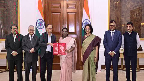 The 16th Finance Commission submitting its report on distribution of taxes to President Droupadi Murmu