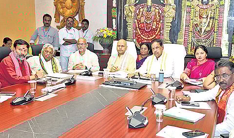 TTD Chairman BR Naidu and board members take part in an emergency meeting
at Annamayya Bhavan in Tirumala on Tuesday.