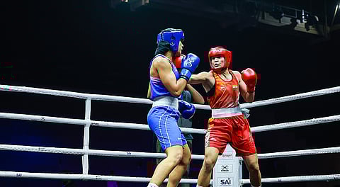 Arundhati Choudhary in action against Leonie Mueller of Germany at the World Boxing Cup Finals at Greater Noida on Tuesday