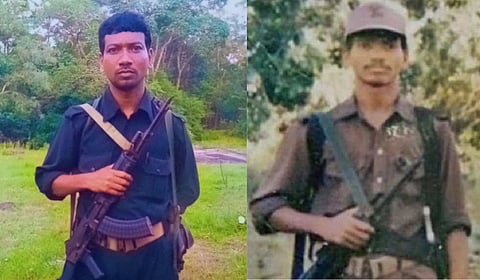 Maoist commander and Central Committee Member Madvi Hidma (L); Hidma in his youth (R).