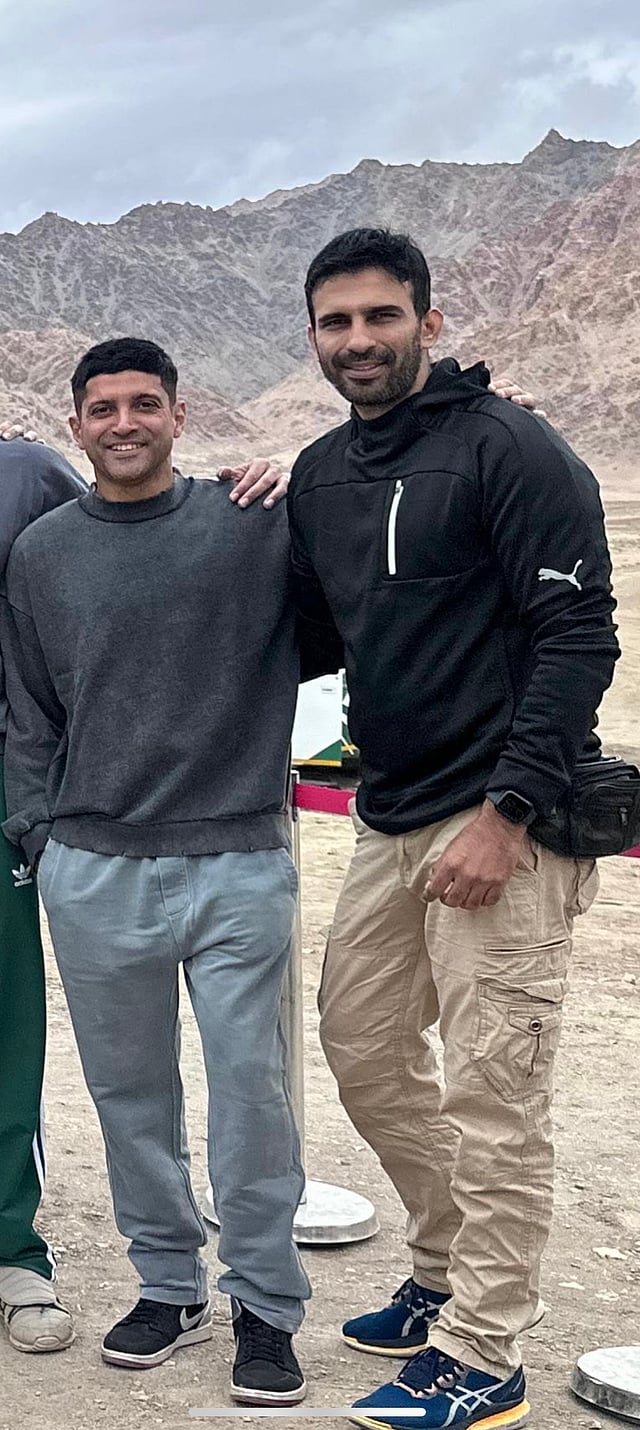 Actor Ankit Siwach on the sets of 120 Bahadur, along with Farhan Akhtar.