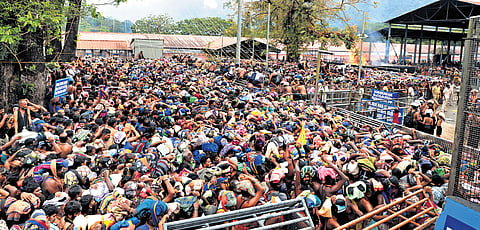 The crowded Lower Thirumuttam at Sabarimala temple on Tuesday, the second day of the pilgrimage season.