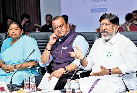 Deputy CM Bhatti Vikramarka with ministers Komatireddy Venkat Reddy and Seethakka at a meeting to discuss Telangana Rising Global Summit Vision Document