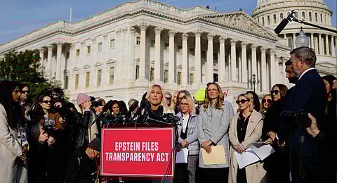 Rep. Marjorie Taylor Greene, R-Ga., speaks during a news conference on the Epstein Files Transparency Act, Tuesday, Nov. 18, 2025, outside the U.S. Capitol in Washington.