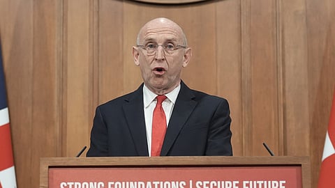 British Defence Secretary John Healey delivers a speech on how the UK's defence industry is delivering growth and national renewal across the UK, at No 9 Downing Street in central London, Wednesday Nov. 19, 2025.