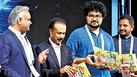 Minister Priyank Kharge, KEONICS chief Sharath Bachegowda and others launch the Bengaluru Innovation Report at BTS on Wednesday.