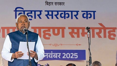 Nitish Kumar taking oath as Chief Minister of Bihar during the swearing-in ceremony of the newly formed Bihar government on Thursday at Gandhi Maidan, Patna