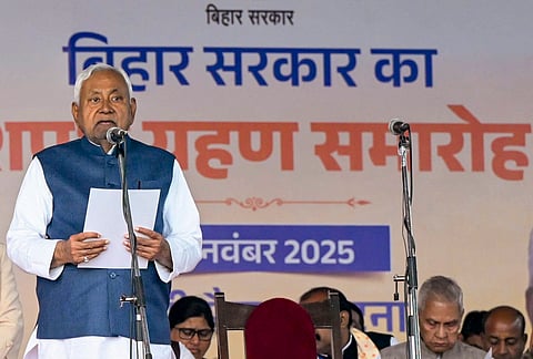 JD(U) Leader Nitish Kumar takes oath as Chief Minister of Bihar during the swearing-in ceremony of the newly formed Bihar government, at Gandhi Maidan, in Patna, Thursday, Nov. 20, 2025.