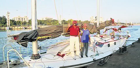 Col K Srinivas (Retd) and Captain CDNV Prasad (Retd) arrive at the Naval Dockyard in Vizag after completing their sailing expedition from New Zealand.