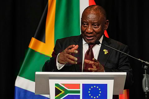 South African President Cyril Ramaphosa speaks during the media conference after meeting EU leaders in Johannesburg, South Africa, Thursday, Nov. 20, 2025.