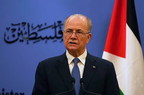 Palestinian Prime Minister Mohammad Mustafa talks during a joint press conference with European Union’s foreign policy chief Kaja Kallas, following their meeting at his office in the West Bank city of Ramallah, March 24, 2025.