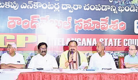 TPCC president B Mahesh Kumar Goud speaks during a round-table meeting organised at Makdoom Bhavan in Hyderabad on Thursday.