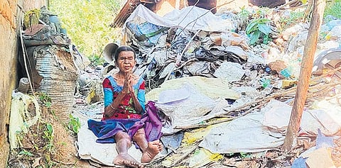 Subhagaman Swalsingh at her shanty in Christian Sahi of Rayagada town
