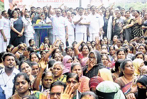 Former AIADMK minister D Jayakumar and party leaders are holding a demonstration in Chennai against the ruling DMK on Thursday