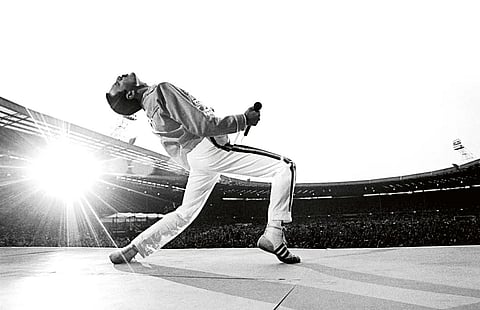 Freddy Mercury during Queen's iconic performance at Wembley Stadium, London in 1986