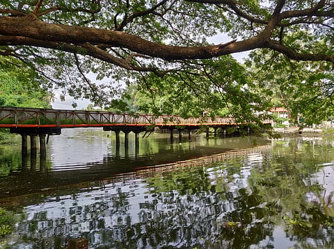 The footbridge attached to an old iron bridge partially collapsed in Thrippunithura.