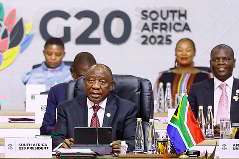South African President Cyril Ramaphos addresses the opening session of the G20 leaders' summit, in Johannesburg, South Africa, Saturday, Nov. 22, 2025.