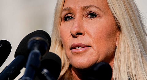 Rep. Marjorie Taylor Greene, R-Ga., speaks during a news conference on the Epstein Files Transparency Act, Tuesday, Nov. 18, 2025, outside the U.S. Capitol in Washington.