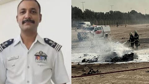 Wing Commander Naman Syal, 34 (L) Emergency services attend the scene after a HAL Tejas crashed during a demonstration at the Dubai Air Show, at Al Maktoum International Airport at Dubai World Central, Dubai, United Arab Emirates, Friday Nov. 21, 2025.