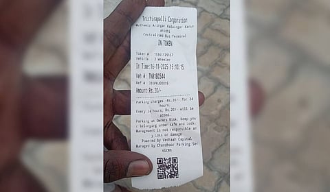 A parking receipt issued at the Panjappur bus terminus.