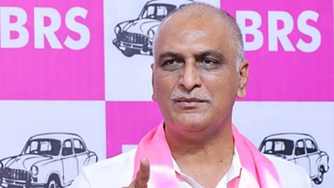 BRS MLA T Harish Rao speaks during a press meet at the party office in Hyderabad.
