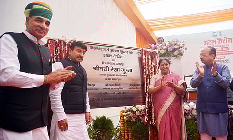 CM Rekha Gupta, MP Manoj Tiwari, Minister Ashish Sood, and MLA Surya Prakash Khatri during the foundation-laying ceremony of Atal Canteen that will offer meals at Rs 5 on Friday.