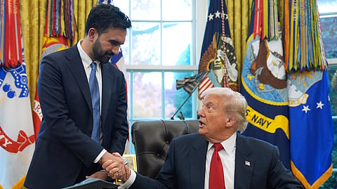 President Donald Trump shakes hands with New York City Mayor-elect Zohran Mamdani in the Oval Office of the White House, Friday, Nov. 21, 2025, in Washington.