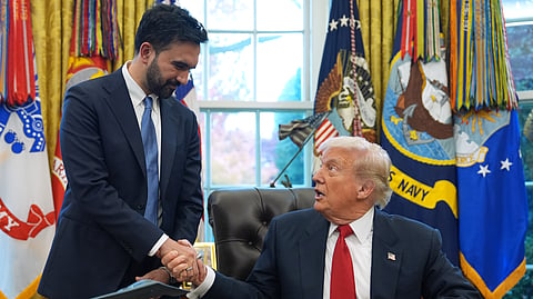 President Donald Trump shakes hands with New York City Mayor-elect Zohran Mamdani in the Oval Office of the White House, Friday, Nov. 21, 2025, in Washington.