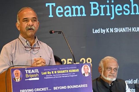 K N Shanth Kumar from ‘Team Brijesh’ addresses the media ahead of the KSCA elections, on Friday