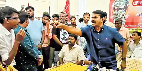 NTK chief Seeman during a press conference in Puducherry on Sunday