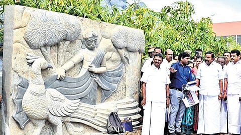 Minister KN Nehru along with former minister V Senthil Balaji inspect the Semmozhi Park in Coimbatore on Saturday