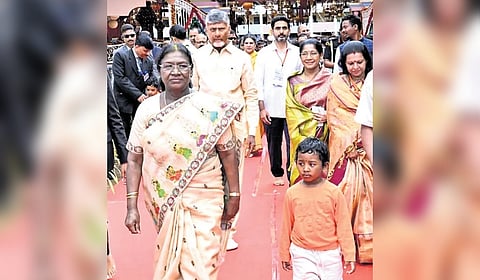President Droupadi Murmu during the centenary celebrations of Sri Satya Sai in Puttaparthi on Saturday.