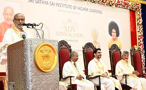 Vice President of India CP Radhakrishnan, CM Nara Chandrababu Naidu and IT Minister Nara Lokesh at the SSIHL convocation on Saturday.