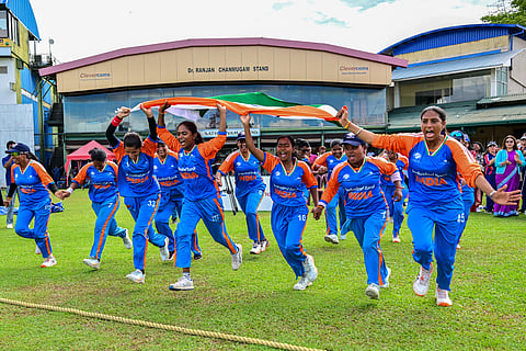 India's players celebrate after their team's victory in the first Blind Women's Twenty20 World Cup 2025 final match between India and Nepal at the P Sara Oval International Cricket Stadium in Colombo on November 23, 2025.
