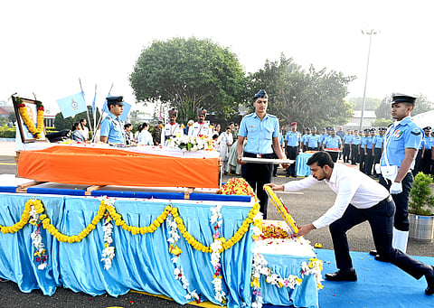 Coimbatore District Collector Pavan Kumar G Giriyappanavar and officers from IAF paid their respects with floral tributes to the mortal remains of the wing commander who lost his life in the Light Combat Aircraft (LCA) Tejas crash during the Dubai Air Show on Friday.