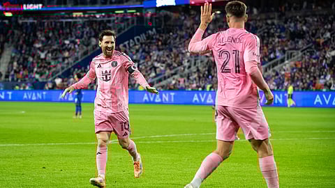 Inter Miami forward Lionel Messi and Tadeo Allende (21) celebrate after Allende scored during the second half of MLS soccer's Eastern Conference semifinal against FC Cincinnati, Sunday, Nov. 23, 2025, in Cincinnati.