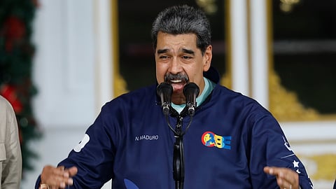 Venezuelan President Nicolas speaks during a Student Day event at the Miraflores presidential palace in Caracas, Venezuela, Friday, Nov. 21, 2025.