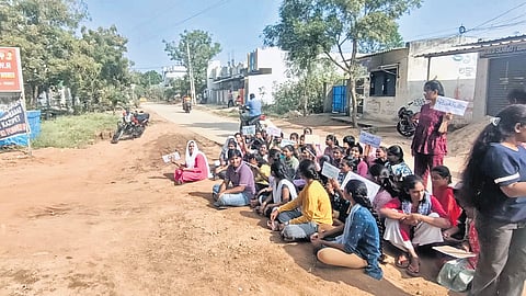 Students of MJTBCW Residential Law College boycott their classes and stage a protest in Kazipet on Monday