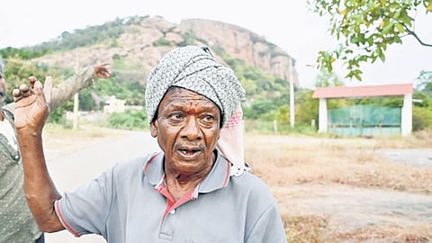 Farmers Dharmaiyya (L) and Bettaiah (R) of Ramanagara, around 50km from Bengaluru, point to Ramadevara Betta, fondly recalling the days when the Sholay team arrived there more than 50 years ago