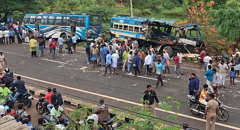 Two private buses collided head-on at Duraisamiyapuram village, around 15 km from Tenkasi, on Monday.