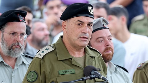 Israel's military chief Lieutenant General Eyal Zamir speaks during the funeral of Lieutenant Hadar Goldin who was killed during the six-week 2014 war in Gaza, in a military cemetery in Kfar Saba on November 11, 2025.
