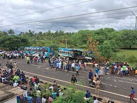 Two private buses collided head-on near Idaikal Kamarajarpuram in Kadaiyanallur, Tenkasi district, resulting in multiple fatalities.