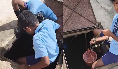 A video grab of students drawing water from a sump in Bilagerehundi village.