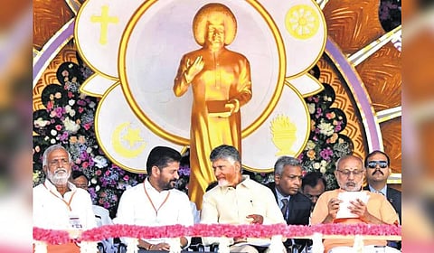 Vice-President CP Radhakrishnan, Telangana Chief Minister A Revanth Reddy and his Andhra Pradesh counterpart N Chandrababu Naidu in Puttaparthi on Sunday.
