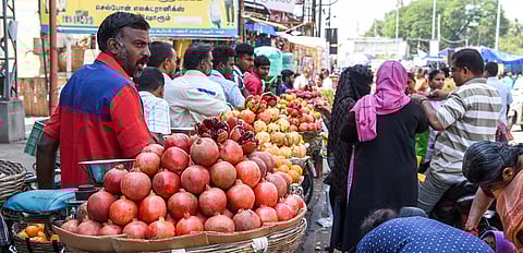Street vendors going about their business on NSB Road in Tiruchy, Tamail Nadu. 