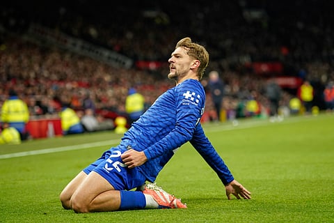 Everton's Kiernan Dewsbury-Hall celebrates after scoring the opening goal during the English Premier League soccer match between Manchester United and Everton in Manchester, England, Monday, Nov. 24, 2025.