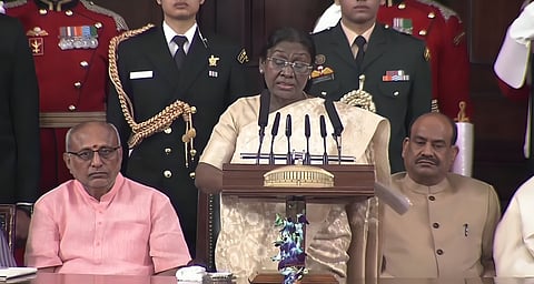 President Droupadi Murmu ddressing the Constitution Day event at the Central Hall of the Old Parliament building.