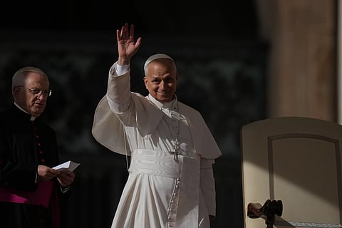 Pope Leo XIV waves as he leaves at the end of an audience on the occasion of the Jubilee of the Choirs in St Peter's Square, at the Vatican, Saturday, Nov 22, 2025.