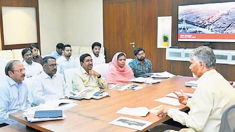 Chief Minister Nara Chandrababu Naidu holding a review meeting on development works in Amaravati on Wednesday.