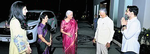 Union Finance Minister Nirmala Sitharaman being welcomed by Chief Minister N Chandrababu Naidu and his family members at Undavalli on Thursday night.